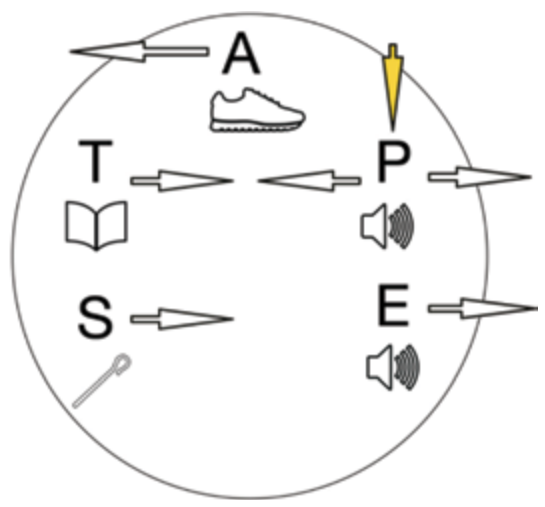 APEST diagram: a circle with the letters A, P, E, S and T arranged like a clock face, with arrows and symbols (shoe, gold arrow, speakers, shepherd's crook, book)