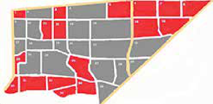 Second map: the same target area divided by major roads into smaller numbered sowing fields.