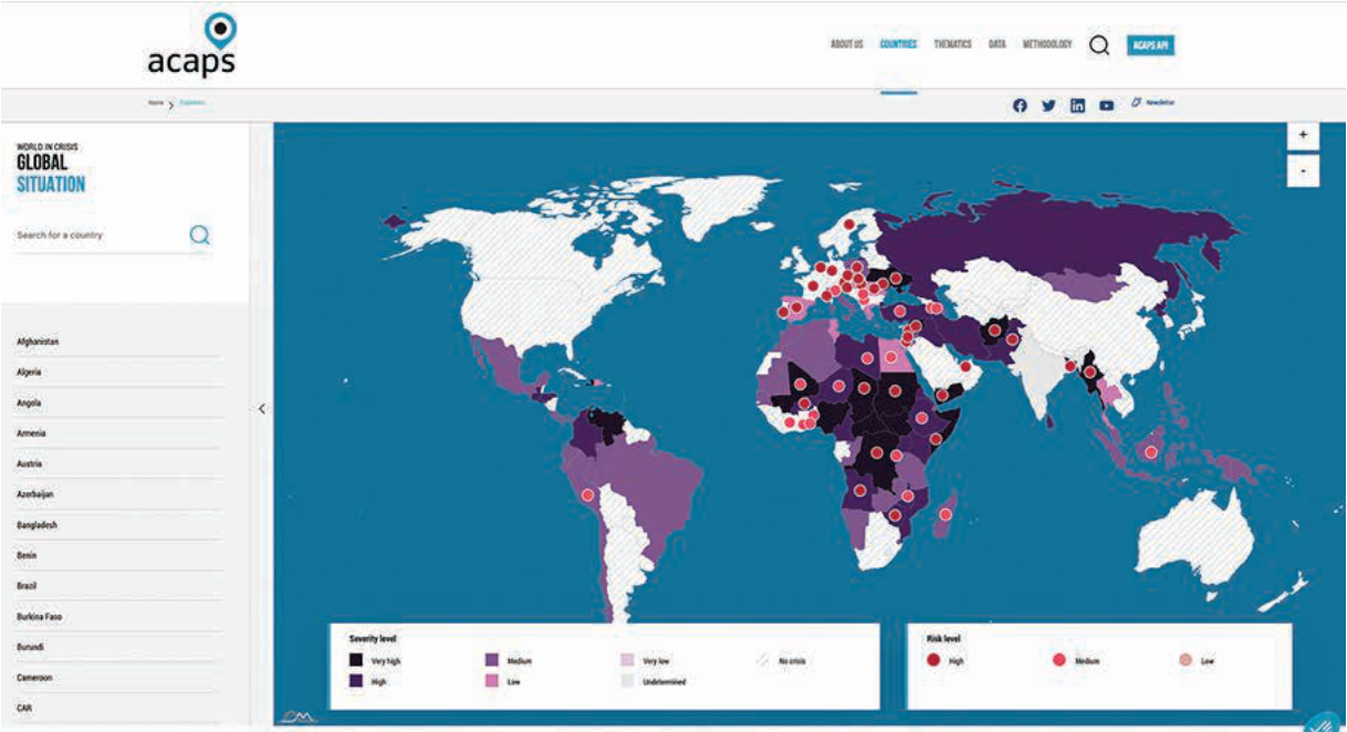 Screenshot of the ACAPS live crisis map (www.acaps.org/en/countries/) from October 1, 2023, showing crisis severity and risk levels by country. Even more crises are being responded to live that are not shown on the map (due to politics) including in India, China, and others.