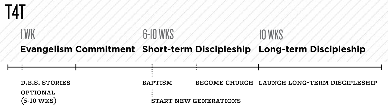 T4T timeline: 1 week evangelism and commitment (D.B.S. stories optional, 5-10 weeks), baptism and start new generations, 6-10 weeks short-term discipleship and become church, then launch long-term discipleship at 10 weeks
